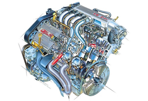 Loin d'être recouvert par un cache plastique le V6 Alfa s'expose fierement aux yeux de tous!